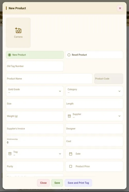 New product form with a Save and Print Tag button