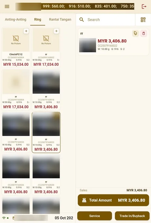 Counter sale screen on a tablet: product grid with prices, and the order total