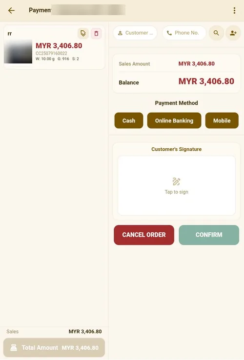 Payment screen: amount, balance, three payment methods and a signature box