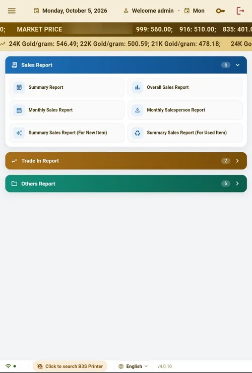 Reports menu: sales reports, trade-in reports and other reports