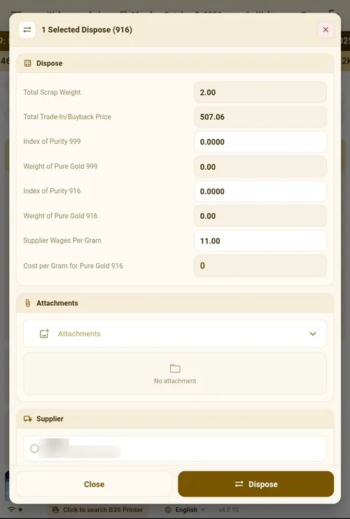 Scrap disposal dialog: scrap weight, purity index, pure gold weight and supplier wages per gram